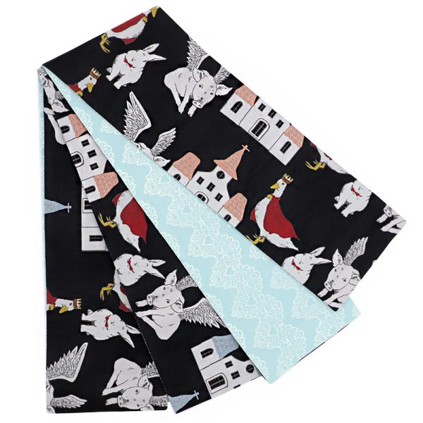 半幅帯 浴衣帯 ゆかた帯 桐生織 ポリエステル 黒地 水色 アリス 不思議の国のアリス 教会 ウサギ...