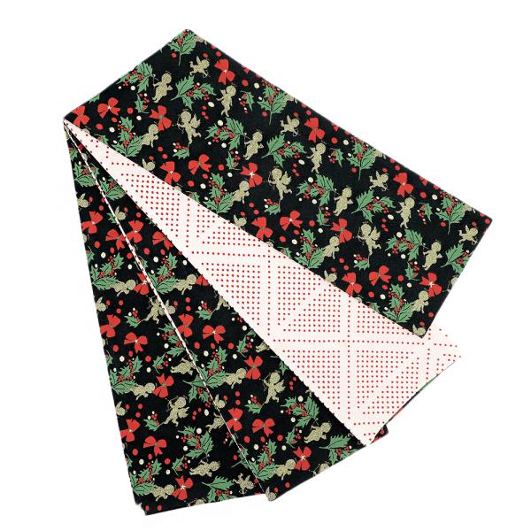 半幅帯 クリスマス サンタクロース 浴衣帯 桐生織 ポリエステル 黒地 天使 リボン 花 南天 麻の...