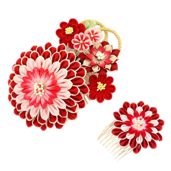 髪飾り 成人式 つまみ細工 赤 振袖 袴 花 2点セット 菊 ピンク 白 ゴールド ちりめん 組紐 ...