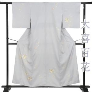 訪問着 身丈165.5cm 裄丈66.5cm 正絹 逸品 【中古】 美品 訪問着 身丈165.5cm 裄丈65.5cm M 袷 紬地 草花 縞 灰緑 正絹