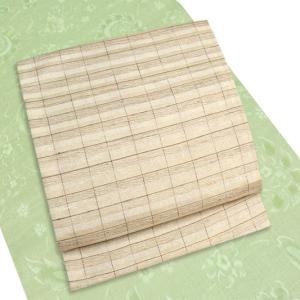 袋帯 正絹 野蚕シルク 紬 手紡ぎ 生成り ライトベージュ 横段 格子柄