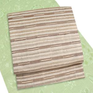 袋帯 正絹 野蚕シルク 紬 手紡ぎ 生成り ライトベージュ 横段 格子柄