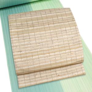 袋帯 正絹 野蚕シルク 紬 手紡ぎ 生成り ライトベージュ 横段 格子柄