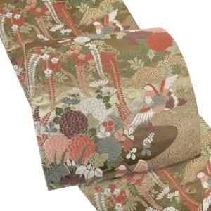 美品 袋帯 秀品 菊 萩 唐織 箔 茶緑色 六通 正絹 中古 袋帯 美品 秀品 六通 正絹 | PIOUSTEC.COM