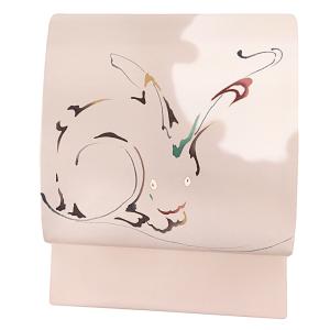 名古屋帯 絹菱 正絹 黒地 鳥獣戯画 兎 うさぎ 蛙 月 萩 秋 お月見 手