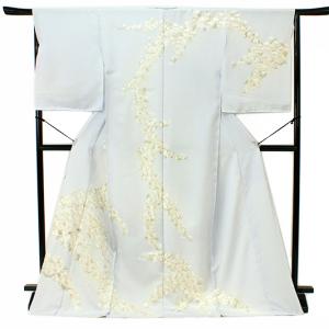 訪問着 尾我佐刺繍 手刺繍 正絹 灰色 グレー 白 花 木蓮 友禅染 綸子