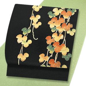 名古屋帯 岡重 黒地 象 花唐草 唐花 更紗 最塩瀬 友禅染 新品 未仕立て