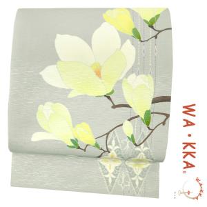 正絹 名古屋帯 京袋 wakka 白 ワッカ キュート菊柄 逸品 美品 京袋帯 WA・KKA ワッカ 袋名古屋帯 正絹 ベージュ 黒 白 全通 椿 猫