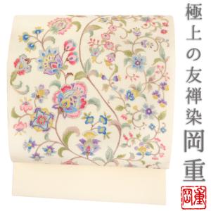 岡重 名古屋帯 九寸 紫 更紗柄 京友禅 正絹 五泉 駒塩瀬 未仕立て品 九