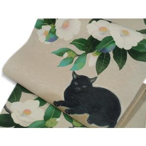 名古屋帯 未使用 正絹 塩瀬 染め帯 九寸 手描き 黒 黒猫 黒ねこ 鈴