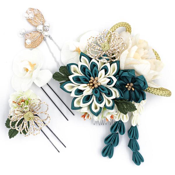 髪飾り 成人式 振袖 4点セット つまみ細工 剣つまみ 青 緑 白 ゴールド ラメ さがり 組紐 造...