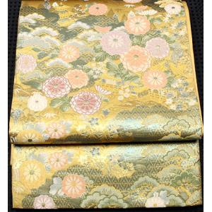 袋帯 秀品 加納幸 落款あり 草花 蝶 金糸 箔 ベージュ 六通 正絹 中古