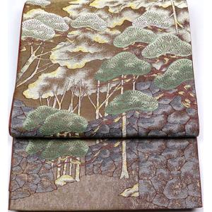 袋帯 秀品 加納幸 落款あり 草花 蝶 金糸 箔 ベージュ 六通 正絹 中古