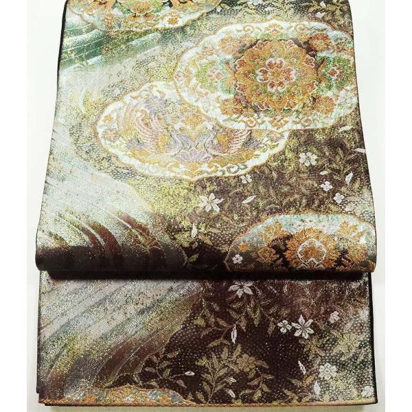 留袖用 袋帯 正絹 金 銀 濃茶 紫 華文 流水 F5312 美品 着物 レディース Mサイズ オー...