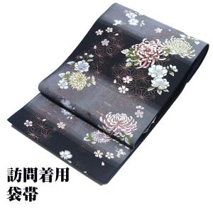 正絹 紬 袋帯 先染め糸 縞絣 黒色地 カラフル 縞 チェック 間道
