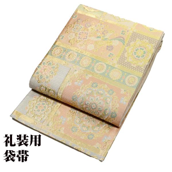 礼装用 袋帯 正絹 金箔 ピンク 緑 正倉院文様 鳳凰 唐花 華文 Mサイズ F6195 新品 レデ...