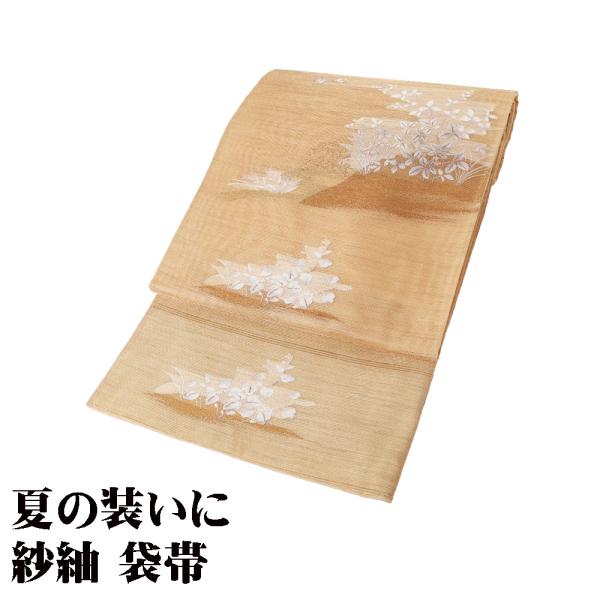 紗紬 袋帯 正絹 薄茶 金糸通し 草柄 Lサイズ F8052 未使用品 夏帯 なつおび レディース ...