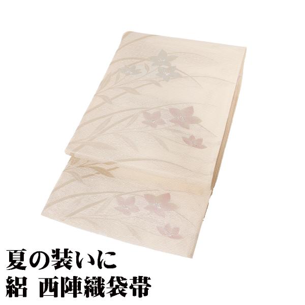 絽 袋帯 正絹 クリーム 金箔 桔梗 Mサイズ F8167 未使用品 夏帯 レディース シルク セミ...