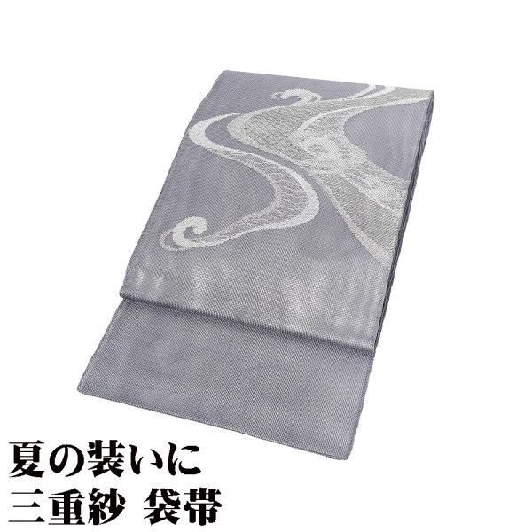 三重紗 袋帯 正絹 グレー 流水 銀箔 草柄 Mサイズ F8225 美品 夏帯 絽 紗 単衣 レディ...
