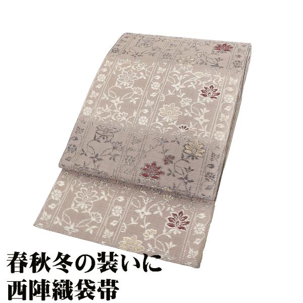 お洒落訪問着用 紬 袋帯 正絹 オーク ピンク 縞 パルメット唐草文様 Lサイズ F8241 美品 ...