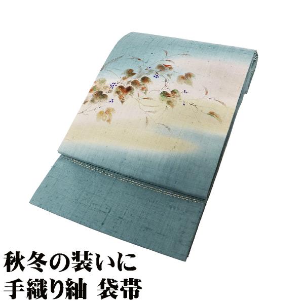 お洒落訪問着用 手織り紬 袋帯 正絹 緑 ベージュ ピンク 葡萄 Lサイズ F8262 美品 レディ...