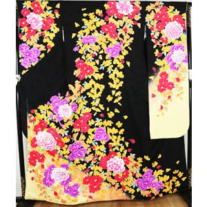 本振袖 正絹 黒 黄緑 牡丹桜 菊 花満開 Lサイズ ki24885 新品 着物 レディース 成人式...