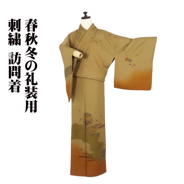 訪問着 袷 正絹 抹茶色 金茶 緑 汕頭刺 貝桶 短冊文 菊 松竹梅 ドロンワーク刺 Mサイズ ki...