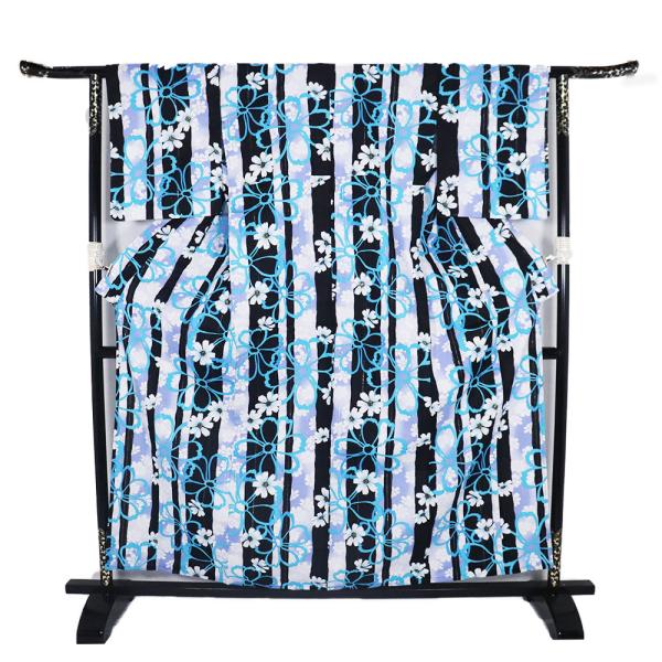 綿紗もじり織 縦縞 婦人用 浴衣 黒 紫 エメラルドグリーン 白 コスモス 銀縞 LY3154 新品...