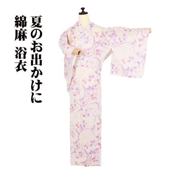 婦人用 綿麻 浴衣 ピンク 桜 南天 LY3304 新品 Fサイズ ゆかた 夏着物 レディース ギフ...