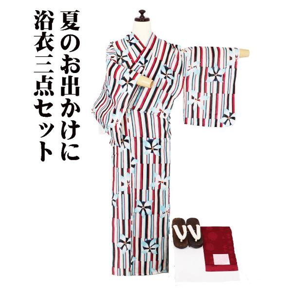 浴衣3点セット 綿紅梅 浴衣 半幅帯 下駄 LY3308 新品 Mサイズ 夏着物 レディース コット...