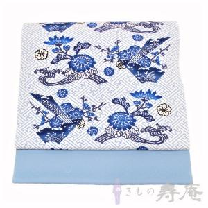紅型染九寸名古屋帯 仕立て込み 知念初子 本場琉球帯 紗綾型 花 白 アビスブルー 女性用 新品 未仕立
