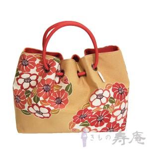 バッグ 和柄 レディース 栗山バッグ 和装 花の丸椿 花柄 手作 和柄 みかん色 オレンジ 山吹 紅...