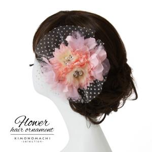 髪飾り「ピンク お花の水玉レース」
