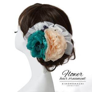 髪飾り「ターコイズ×ピンクホワイト 花とレース」