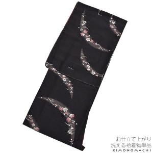 紬風 袷着物単品「黒色 吹き寄せ」Lサイズ プレタ 洗える着...