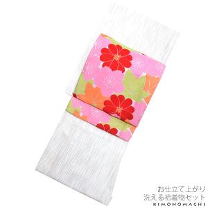 紬風 袷着物、京袋帯セット「白色 絣縞」M、Lサイズ プレタ...