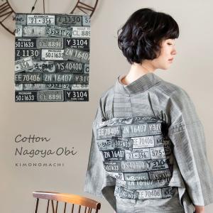 KIMONOMACHI 帯 木綿 名古屋帯「黒地 スクエア」 木綿帯 八寸名古屋帯