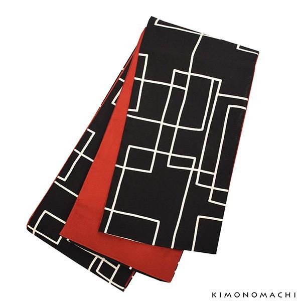 帯 木綿半幅帯「黒地 スクエア」 木綿帯 半巾帯 コットン細帯 コットン帯 仕立て上がり帯 カジュア...