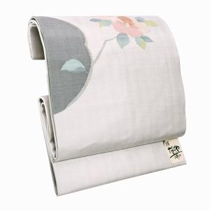 正絹名古屋帯「灰白色　枝椿」