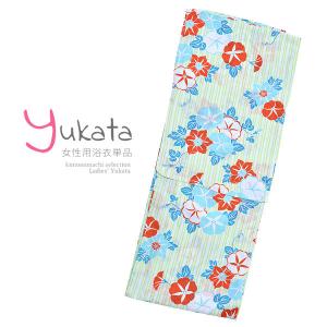 浴衣 レディース 単品 「白×緑の縞・水色×レンジ朝顔」 F フリーサイズ yukata 20代 30代 40代 50代 (メール便不可)ss2403ykl10｜kimonomachi