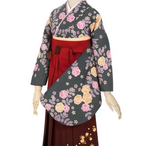 中古品)卒業式袴セット 「二尺袖：緑 疋田梅+袴：ピンク×桜 刺繍」 貸