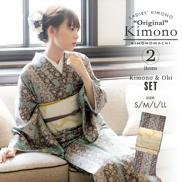 洗える着物 セット 「袷着物：縞更紗水色＋京袋帯：日向の白猫」 KIMONOMACHI オリジナル ...