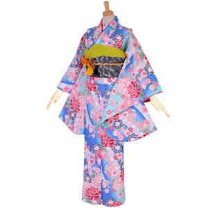 中古品)ジュニア用 振袖単品 「ピンク×緑 菊 桜」 仕立て上がり 着物