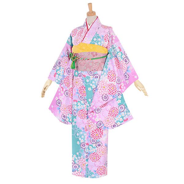 (中古品)ジュニア用 振袖単品 「ピンク×緑　菊　桜」 仕立て上がり 小振袖 子ども ジュニア 女の...