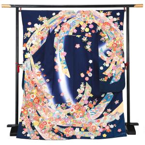 未仕立て 振袖 単品 「瑠璃紺色 鈴に牡丹」 仮絵羽 振り袖 正絹 着物