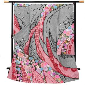 未仕立て 振袖 単品 「ピンク 松に桜、花籠」 仮絵羽 振り袖 正絹 着物