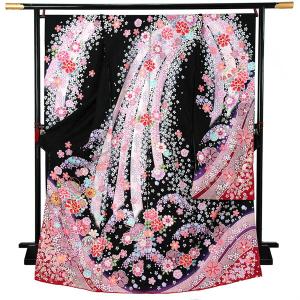 やんやん✾ｍ2220＊美品 正絹 桜 兎 笹の葉 手縫い仕立て 振袖単品 未仕立て 振袖 単品「芥子色×えび茶色 熨斗に枝桜」日本製 仮絵羽