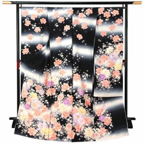 未仕立て 振袖 単品「朱色×黒 枝垂れ、辻が花」日本製 仮絵羽 振り袖