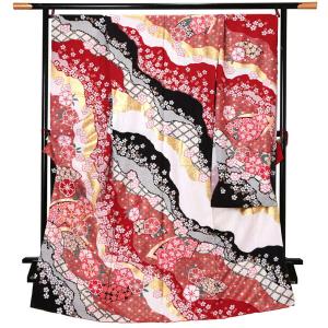 未仕立て 振袖 単品「芥子色×えび茶色 熨斗に枝桜」日本製 仮絵羽