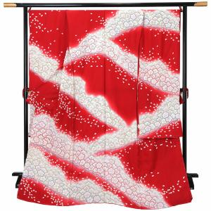 未仕立て 振袖 単品「芥子色×えび茶色 熨斗に枝桜」日本製 仮絵羽